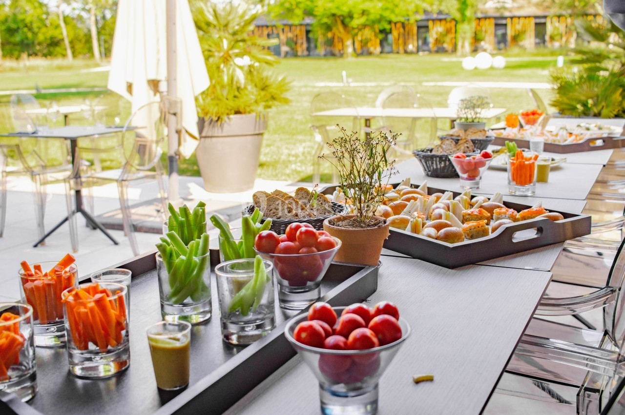 Buffet en extérieur avec légumes frais, dips, pains et snacks disposés sur des plateaux, entouré de verdure.