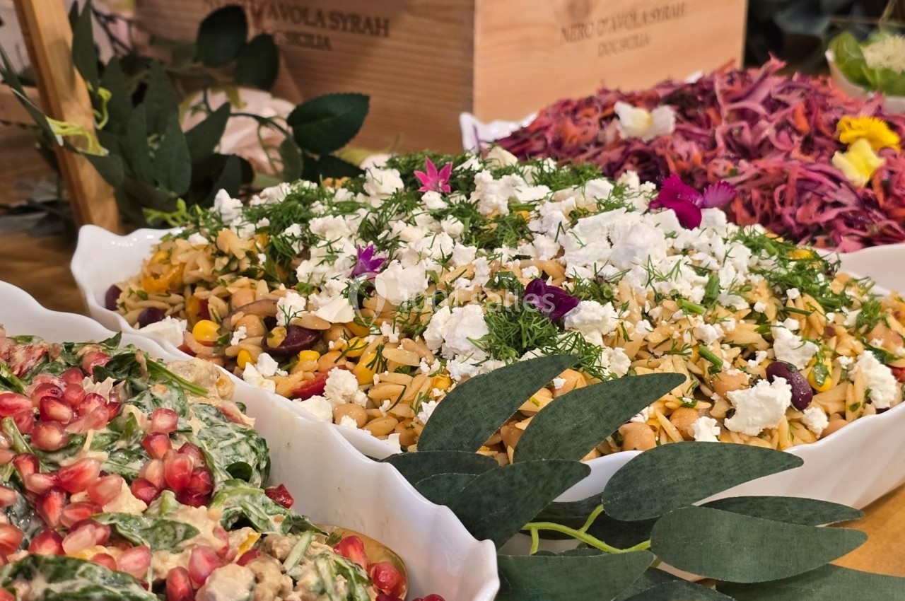 Assortiment de salades colorées avec légumes, fromage, grenades et herbes fraîches, présenté sur une table en bois.