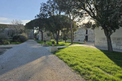 Miniature Location salle Arles (Bouches-du-Rhône) - Mas de la Grande Porcelette #8 Bâtisse en pierre avec une verrière, entourée d'une cour pavée et d'espaces verts sous un ciel dégagé.