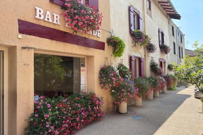 Miniature Location salle Condeissiat (Ain) - Restaurant Rolande #22 Une voiture Citroën 2CV rouge et blanche est garée devant un restaurant à façade fleurie dans un village.