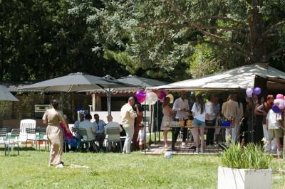 Miniature Location salle Simiane-Collongue (Bouches-du-Rhône) - Restaurant du Cercle #7 Terrain de padel extérieur avec sol bleu, clôtures en verre et grillage, entouré d'arbres et de filets orange.