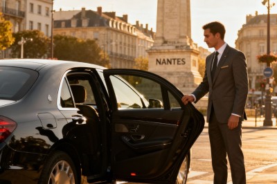 Un homme en costume charge une valise dans le coffre ouvert d'une voiture devant un bâtiment.