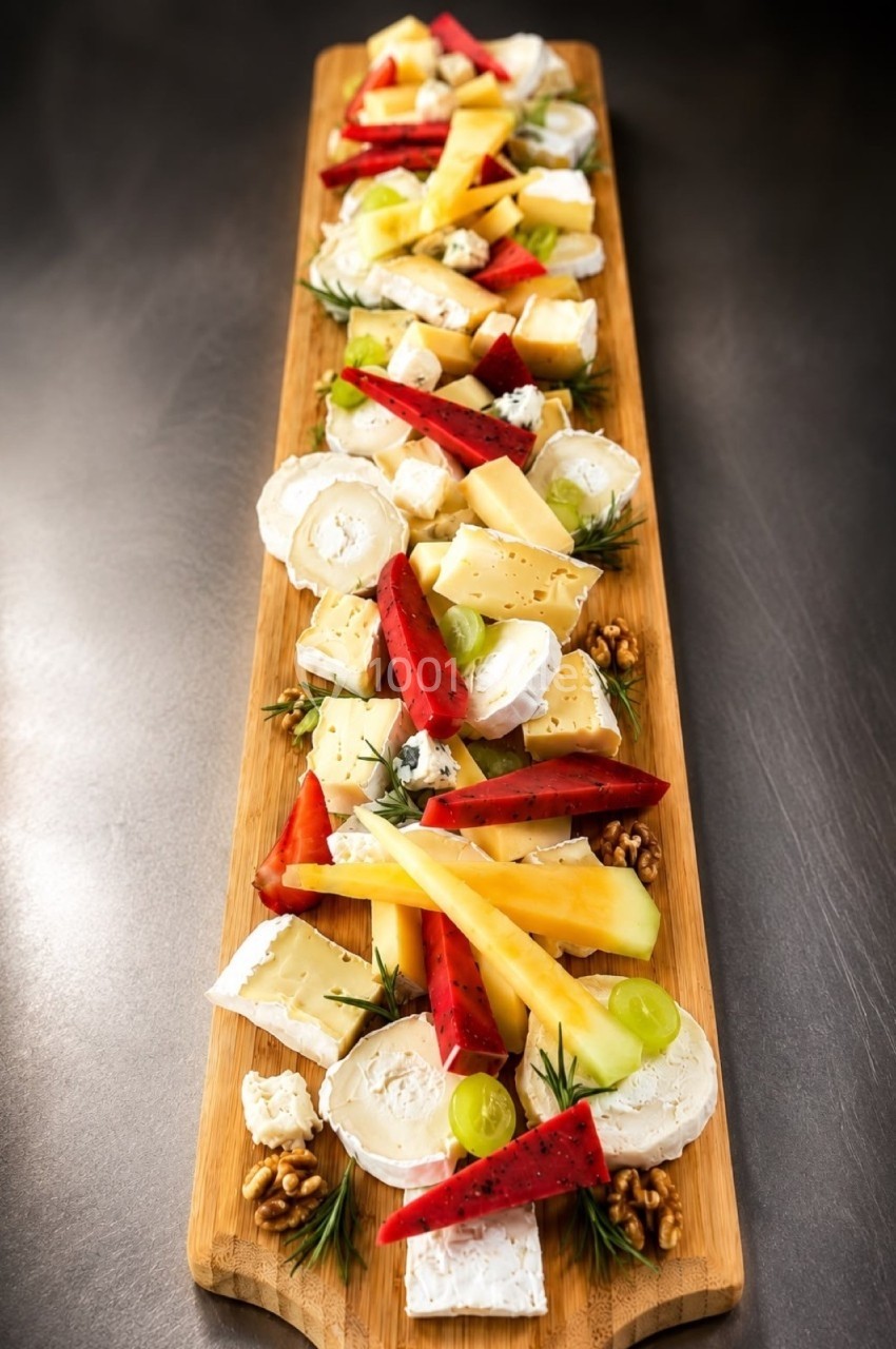 Plateau en bois garni de fromages variés, morceaux de fruits, noix et herbes fraîches, disposés de manière élégante.