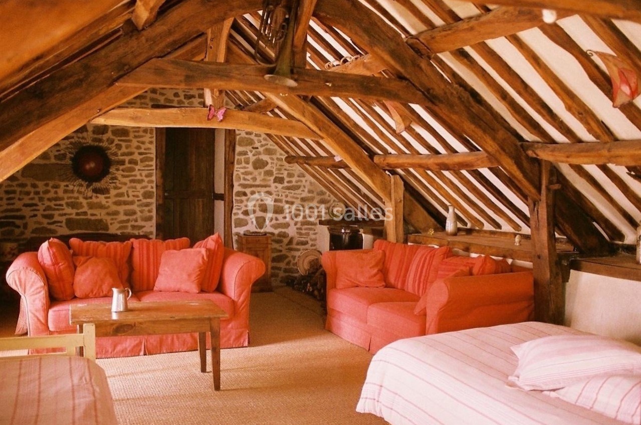 Salon rustique sous combles avec poutres apparentes, murs en pierre, canapés rouges et lit simple.