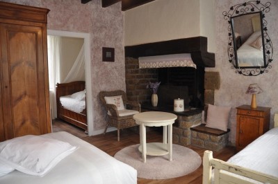 Miniature Location salle Broualan (Ille-et-Vilaine) - La Ferme du Domaine #24 Des poneys et une vache se reposent et broutent dans un pré clôturé, avec une cabane en bois en arrière-plan.