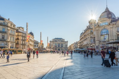 Miniature Destination Occitanie #4 Un groupe de personnes discute dans un jardin, entouré de plantes et d'arbres sous un ciel bleu.