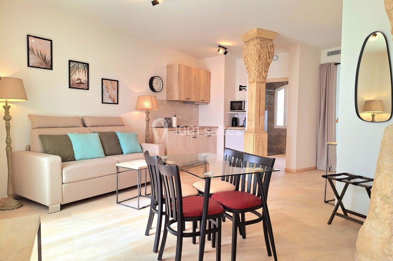 Salon lumineux avec canapé, table en verre, chaises noires, cuisine ouverte équipée et éléments décoratifs en pierre.