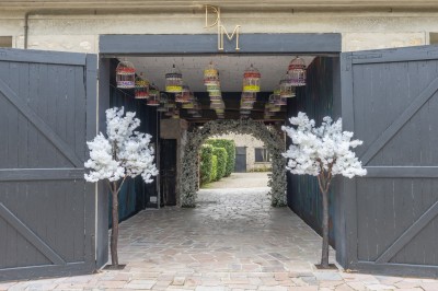 Miniature Location salle Guillerval (Essonne) - Domaine Malar #9 Plateau de charcuterie avec tranches de saucisson enroulées sur des piques, accompagné de boissons et autres amuse-bouches.