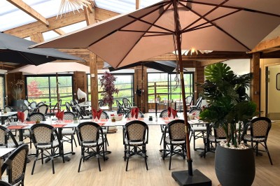 Miniature Location salle Bavent (Calvados) - Domaine des Rouges Terres #5 Allée pavée bordée de verdure, avec un mini-golf et des bâtiments en bois sous un ciel dégagé.