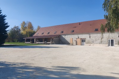 Miniature Location salle Lescherolles (Seine-et-Marne) - Le Domaine du Château Oublié #4 Champ recouvert de matière blanche sous un ciel bleu parsemé de nuages, bordé d'arbres et de haies.