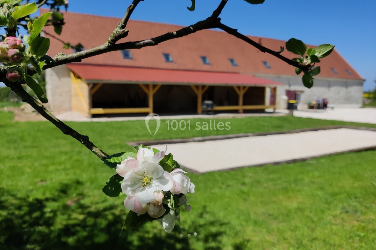 Fleur de pommier en gros plan avec en arrière-plan un bâtiment à toit rouge et un espace extérieur verdoyant.