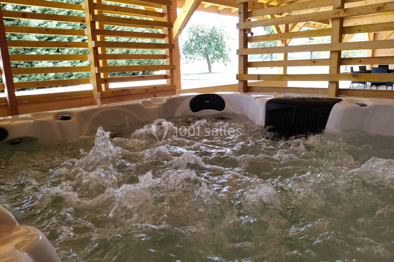 Bain à remous en fonctionnement sous une structure en bois ouverte, avec vue sur un jardin verdoyant.
