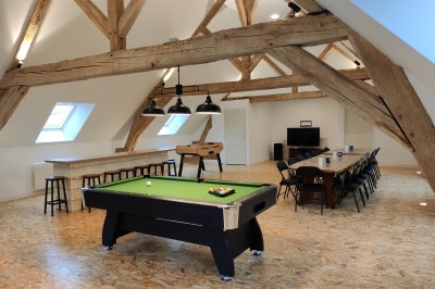 Miniature Location salle Lescherolles (Seine-et-Marne) - Le Domaine du Château Oublié #2 Champ recouvert de matière blanche sous un ciel bleu parsemé de nuages, bordé d'arbres et de haies.