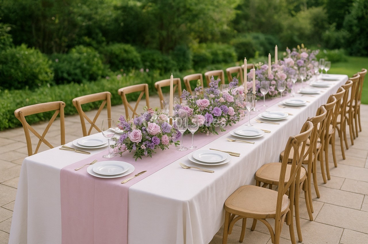 Table dressée en extérieur avec nappes blanches, chemin de table rose, vaisselle blanche et décorations florales violettes.