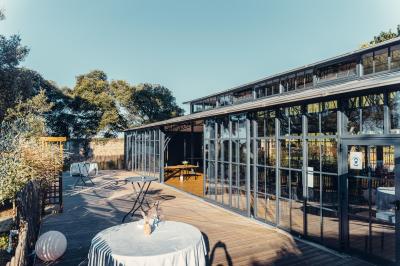 Un homme verse du vin dans une carafe en verre, en extérieur, avec des plantes floues en arrière-plan.