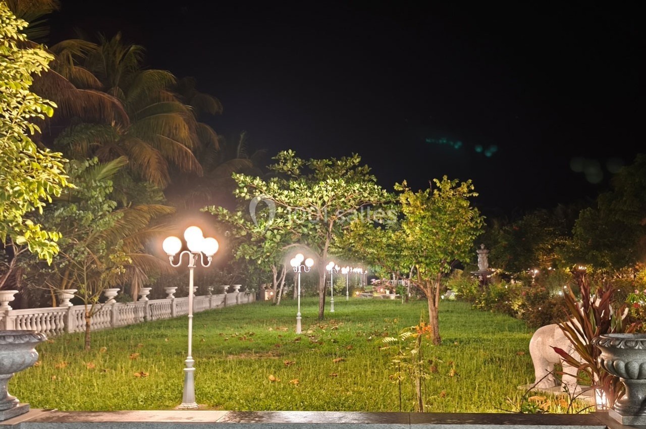 Allée de jardin éclairée par des lampadaires, entourée d'arbres et de pelouse, sous un ciel nocturne.