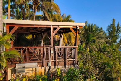 Allée extérieure éclairée la nuit, bordée de végétation et d'un bâtiment blanc avec des marquages au sol.