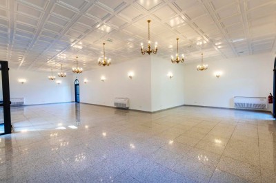 Allée extérieure éclairée la nuit, bordée de végétation et d'un bâtiment blanc avec des marquages au sol.