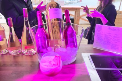 Terrasse d'un restaurant avec voiles d'ombrage, mobilier en bois, vue sur un étang et ambiance estivale.