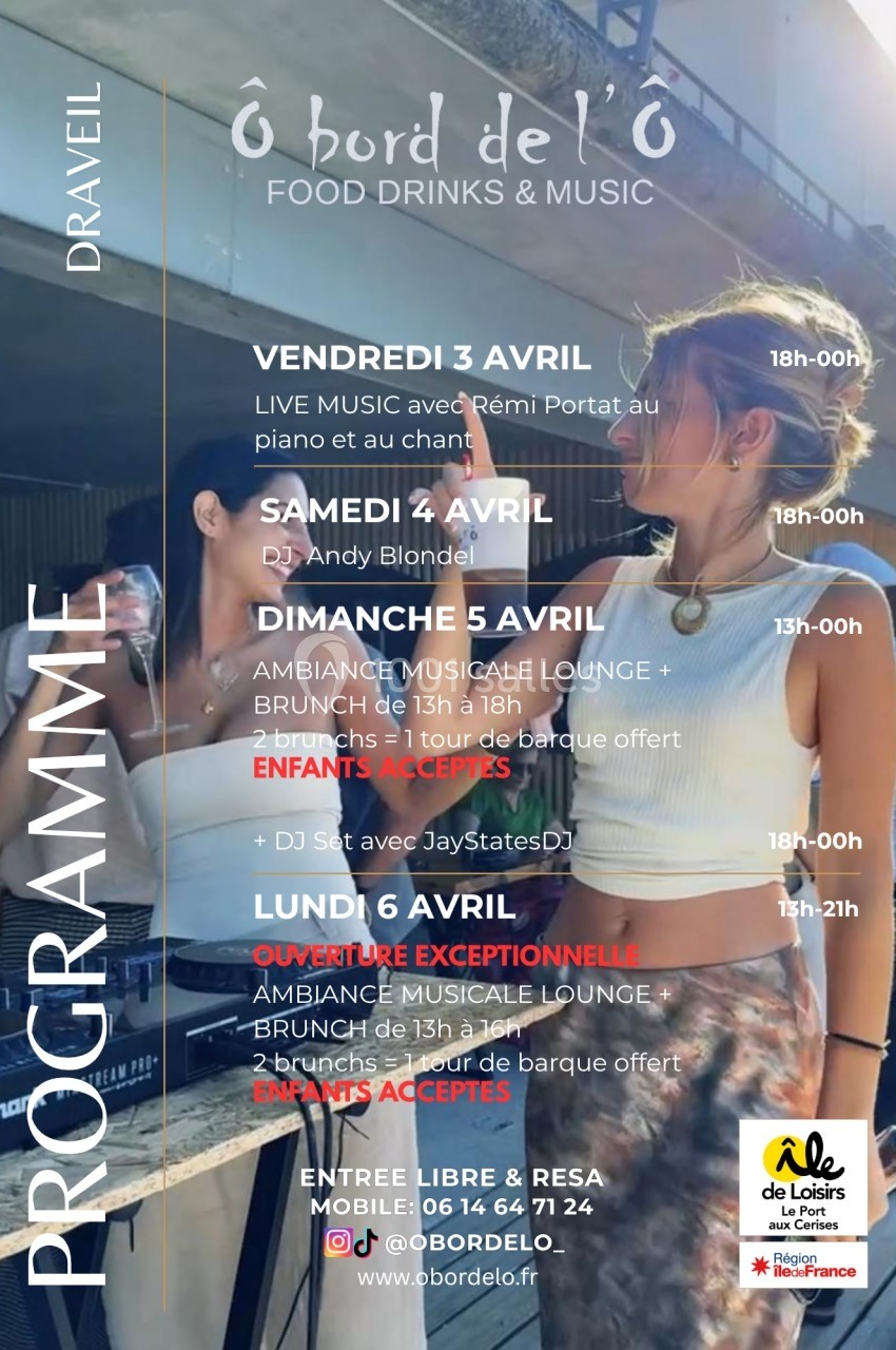 Programme d'événements musicaux et culinaires à Draveil, avec horaires et détails pour le week-end du 3 au 6 avril.