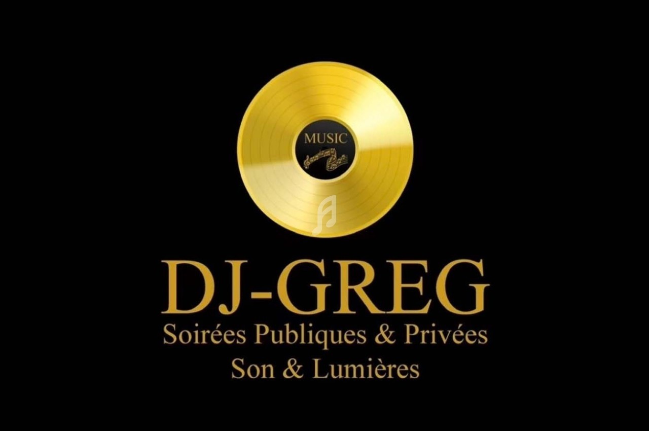 Logo doré avec un disque vinyle et le texte ’DJ-GREG, Soirées Publiques & Privées, Son & Lumières’ sur fond noir.