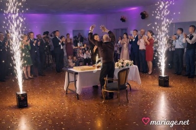 Un couple souffle des bougies sur un gâteau lors d'une fête, entouré d'invités applaudissant et de gerbes d'étincelles.