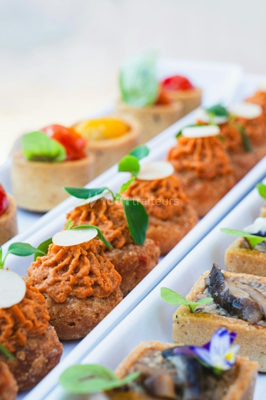 Assortiment de bouchées salées garnies de légumes, herbes fraîches et décorations comestibles, disposées sur des plateaux.