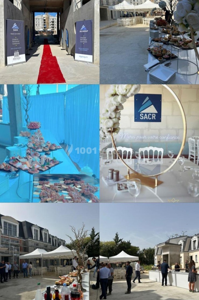 1. Entrée d’un bâtiment en construction avec tapis rouge et panneaux d’information. 2. Buffet extérieur sous des tentes…