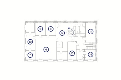Miniature Location salle Serquigny (Eure) - La Dame Blanche #13 Plan d'étage avec numéros identifiant différentes pièces et un escalier en colimaçon au centre.