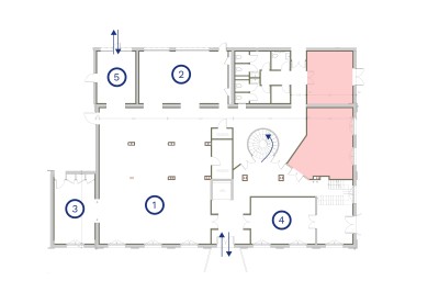 Miniature Location salle Serquigny (Eure) - La Dame Blanche #12 Plan d'étage avec numéros identifiant différentes pièces et un escalier en colimaçon au centre.