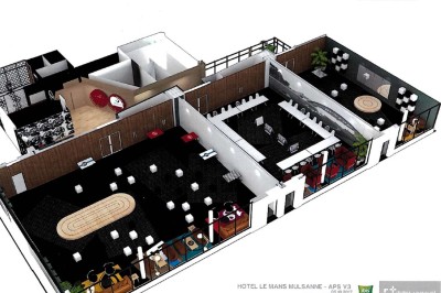 Plan d’aménagement intérieur montrant trois salles, un espace fitness, une circulation centrale et des équipements variés.