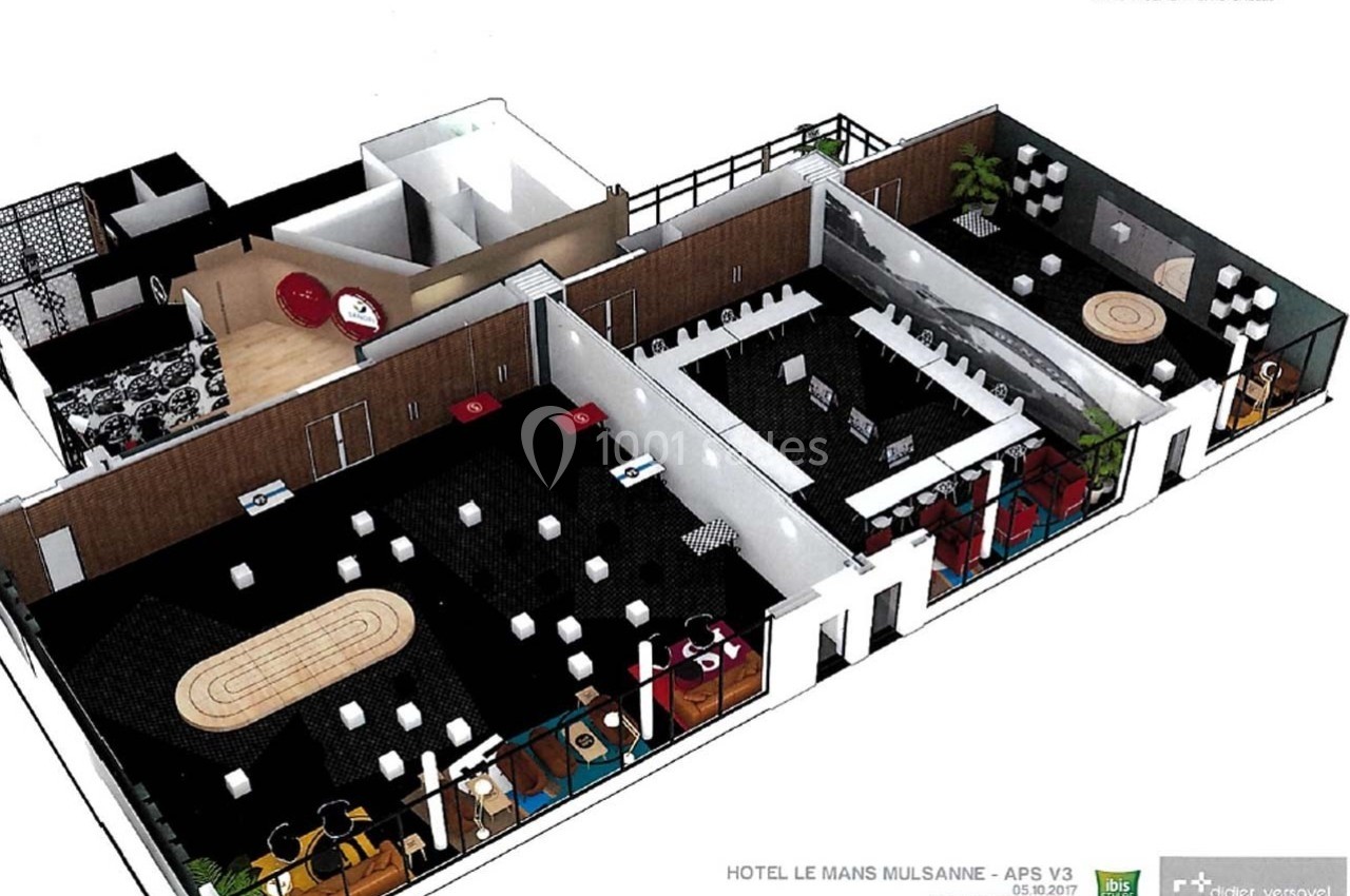 Plan en 3D montrant l'aménagement intérieur de trois salles avec mobilier, espaces distincts et décoration.