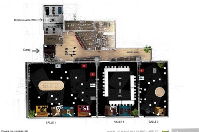 Plan d’aménagement intérieur montrant trois salles, un espace fitness, une circulation centrale et des équipements variés.