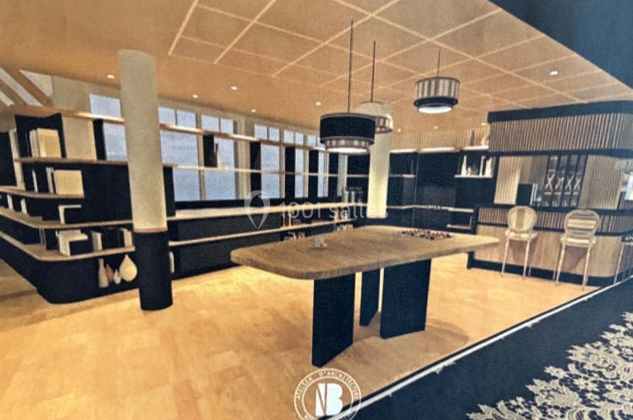 Salle moderne avec table centrale en bois, étagères ouvertes, luminaires suspendus et grandes fenêtres.