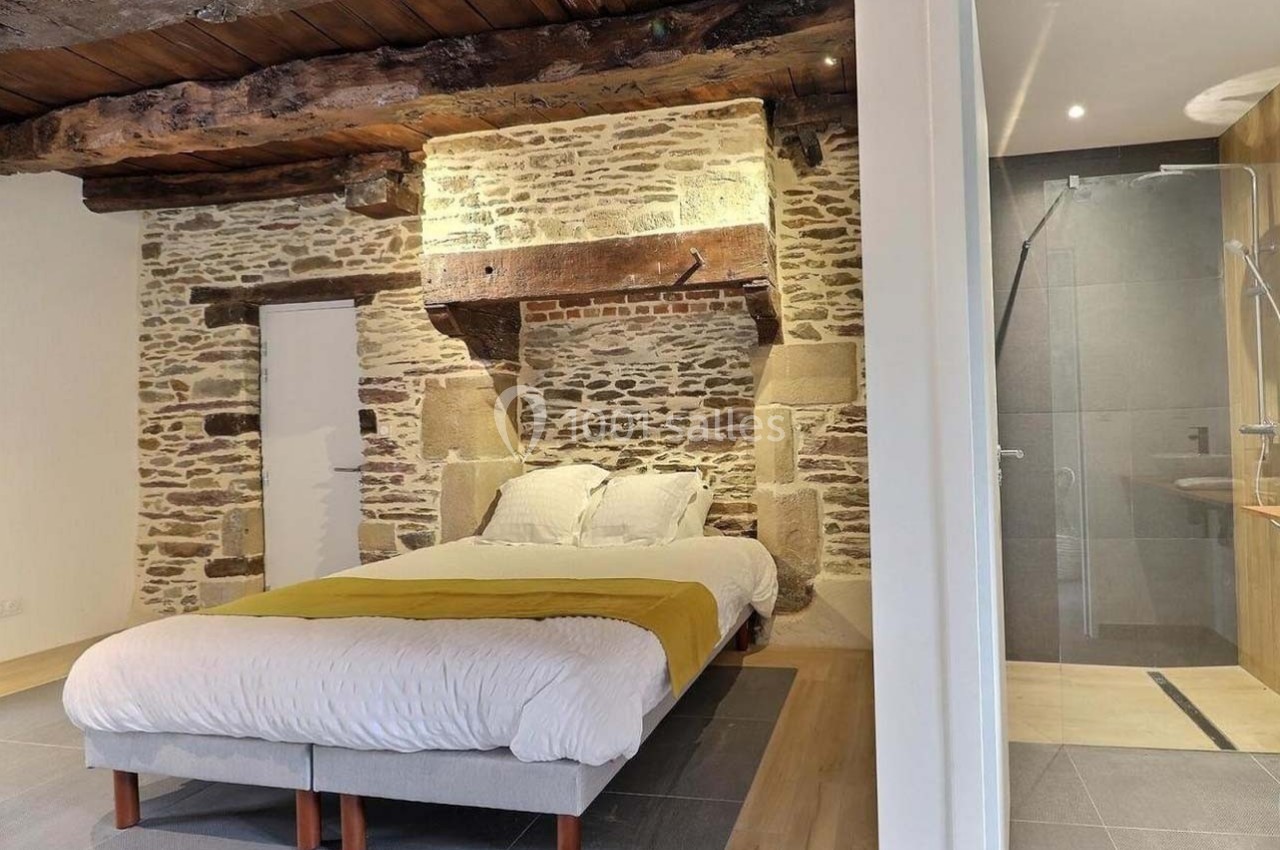 Chambre avec lit double, murs en pierre apparente, poutres en bois au plafond et salle de bain attenante moderne.