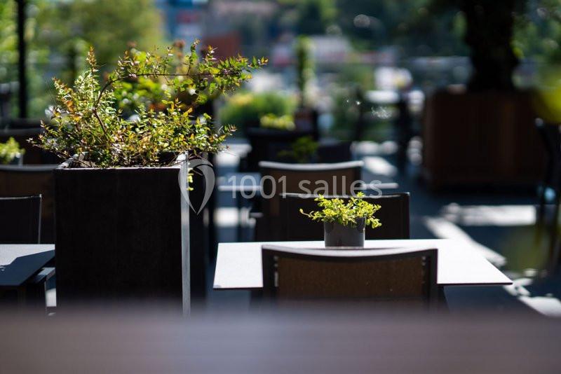 Tables extérieures avec plantes en pot, disposées sur une terrasse ensoleillée entourée de verdure.