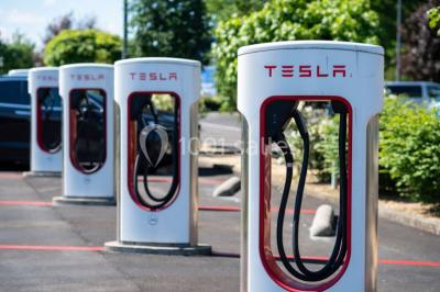 Bornes de recharge électrique Tesla alignées dans un parking, entourées de verdure en arrière-plan.