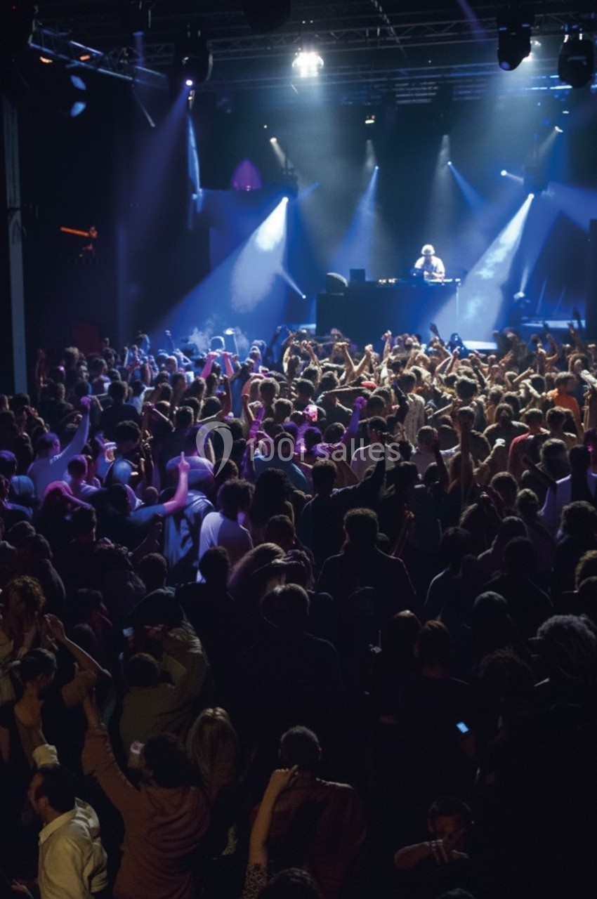 Foule dans une salle de concert sombre, éclairée par des projecteurs, devant un DJ sur une scène.
