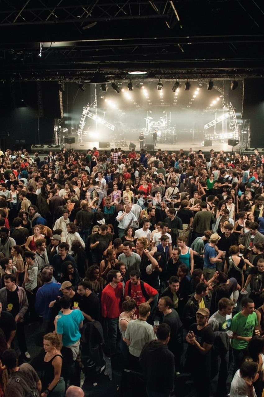 Foule rassemblée dans une salle de concert, éclairée par des projecteurs, avec une scène en arrière-plan.