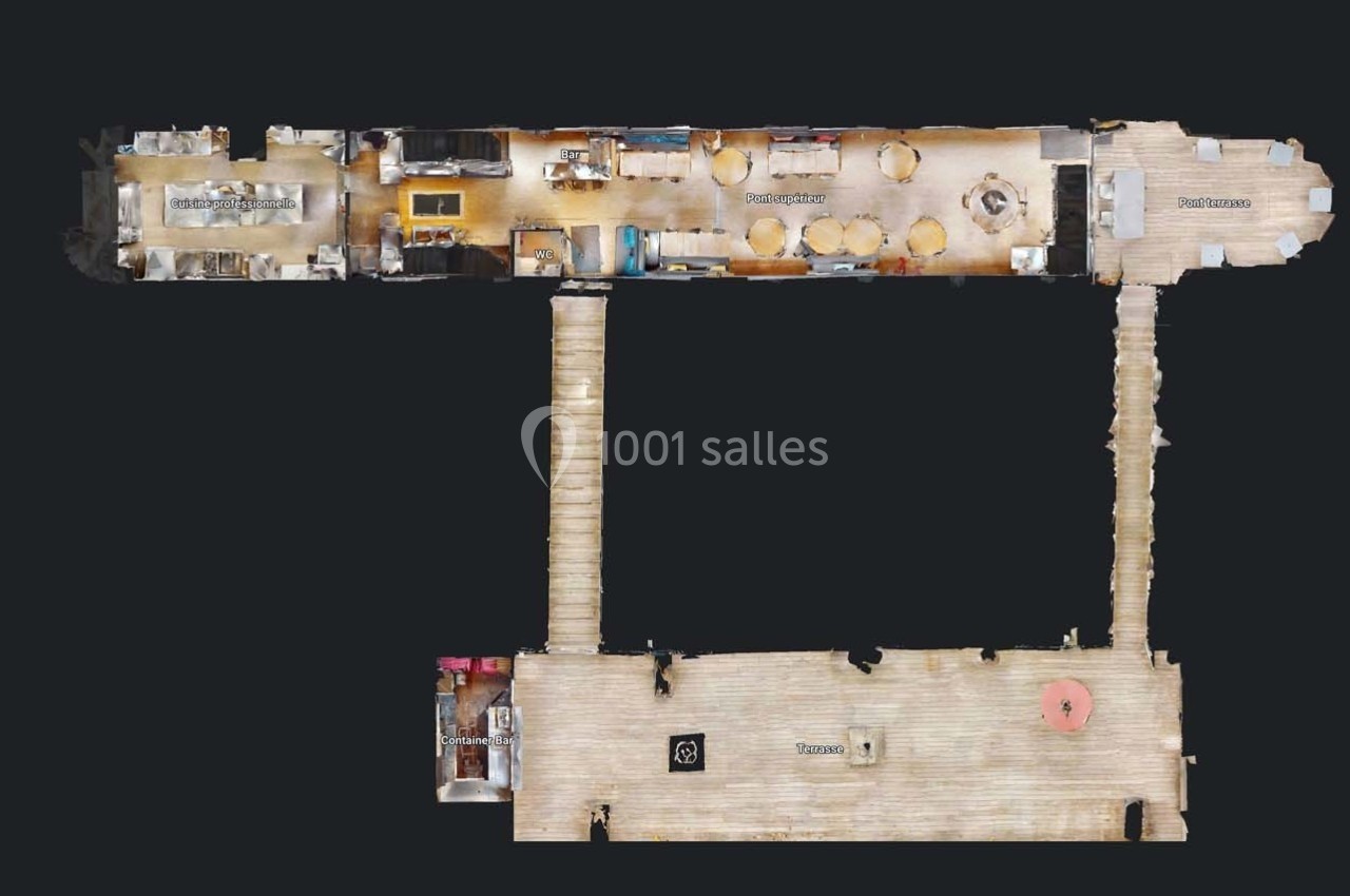 Vue aérienne d'un plan d'étage montrant l'agencement de plusieurs pièces et espaces extérieurs connectés.