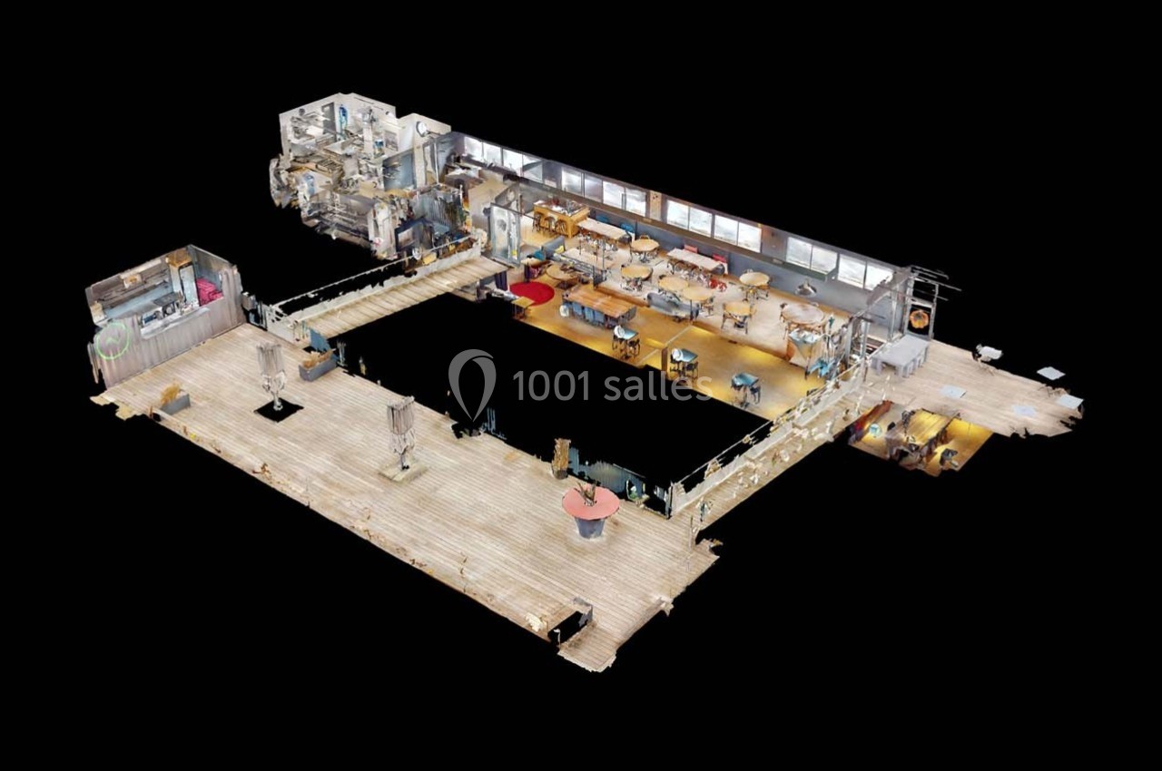 Modélisation 3D d'un espace intérieur comprenant plusieurs pièces aménagées avec des meubles et équipements variés.