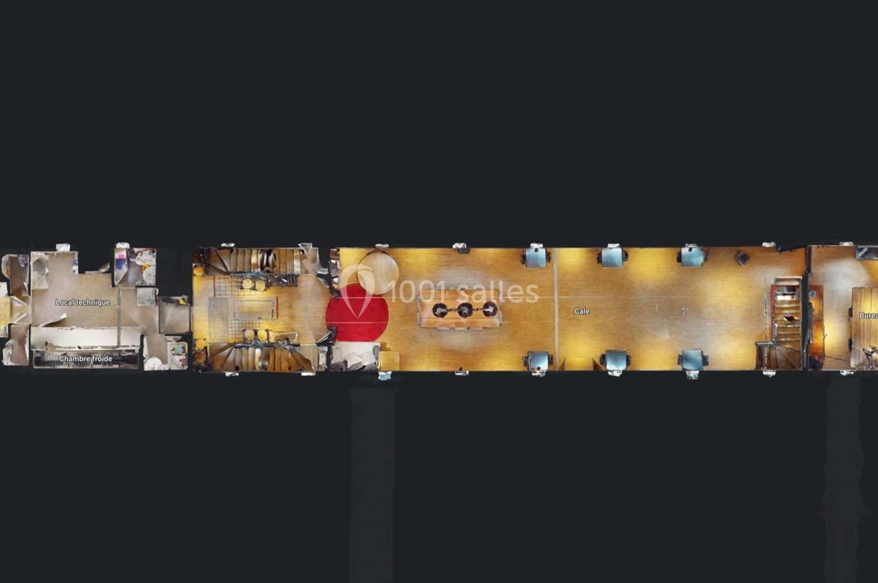 Plan en vue aérienne d'un espace intérieur aménagé, comprenant plusieurs pièces et zones distinctes.