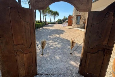 Chaises blanches alignées en extérieur face à une arche décorée, avec vue sur un paysage vallonné et des arbres.