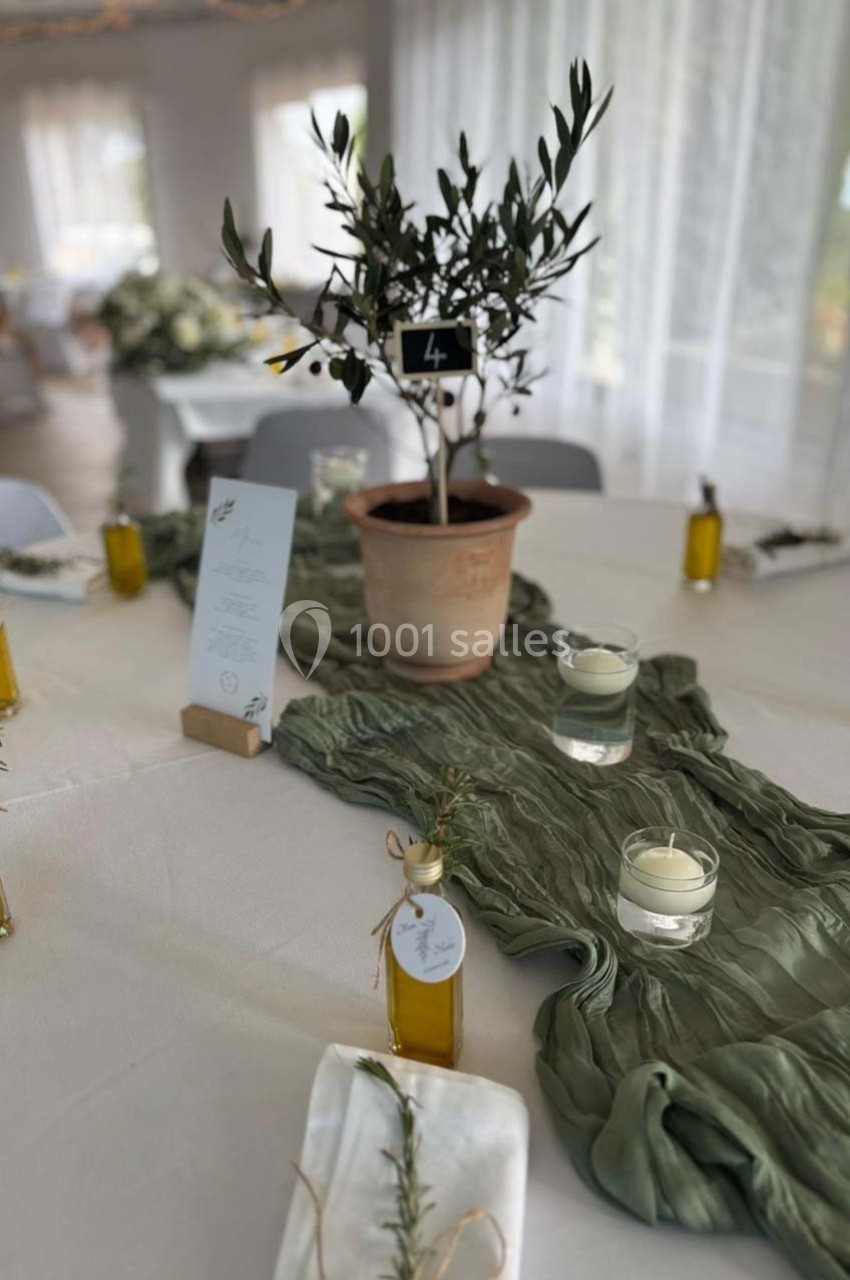 Centre de table avec un olivier en pot, chemin de table vert, bougies et petites bouteilles d'huile d'olive.