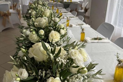 Chaises blanches alignées en extérieur face à une arche décorée, avec vue sur un paysage vallonné et des arbres.