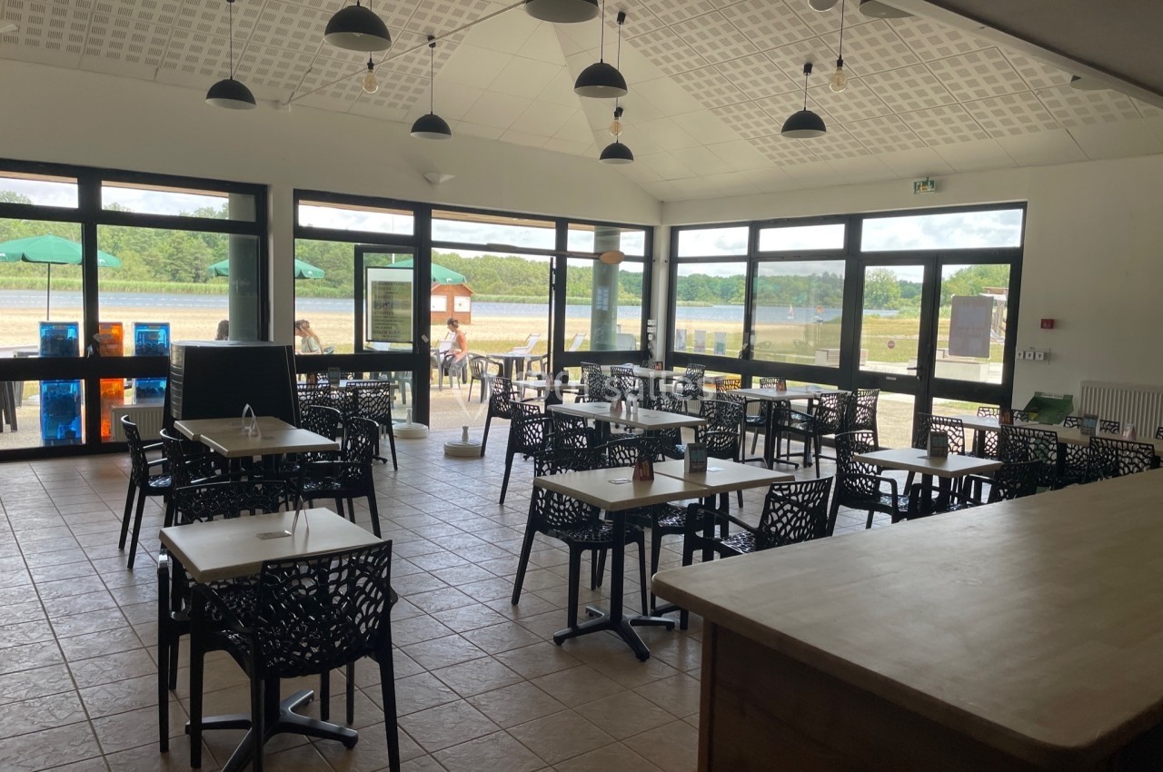 Salle lumineuse avec tables et chaises modernes, grandes baies vitrées donnant sur un paysage extérieur verdoyant.