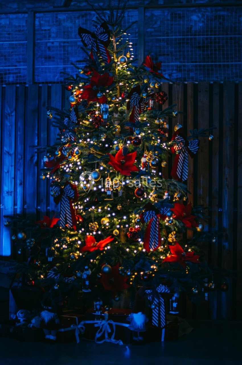 Sapin de Noël décoré de guirlandes lumineuses, boules rouges et ornements, entouré de cadeaux au pied.