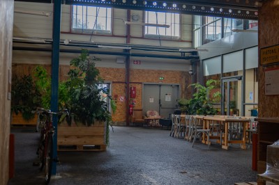 Espace intérieur lumineux avec plantes, tables et chaises, sol en béton et grandes baies vitrées.