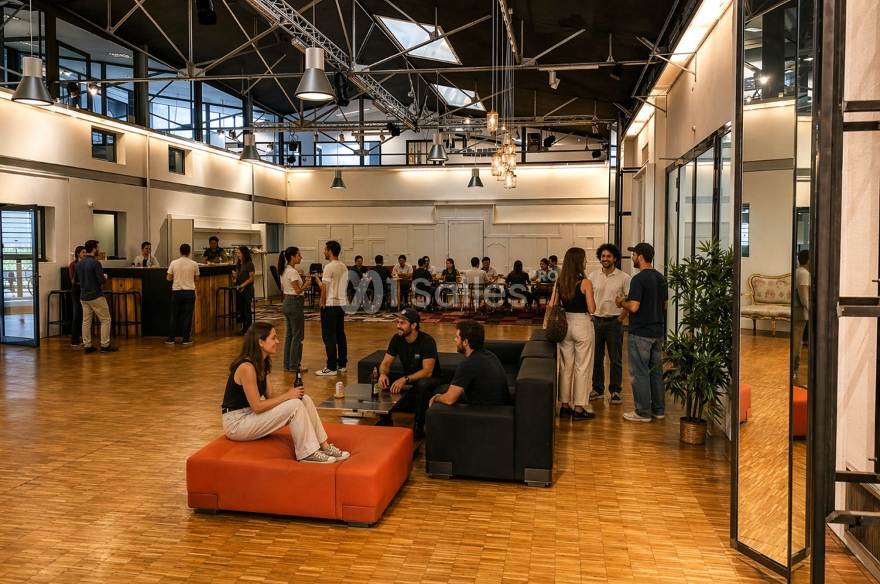 Personnes discutant et partageant un moment convivial dans un espace intérieur moderne avec mobilier et éclairage industriel.