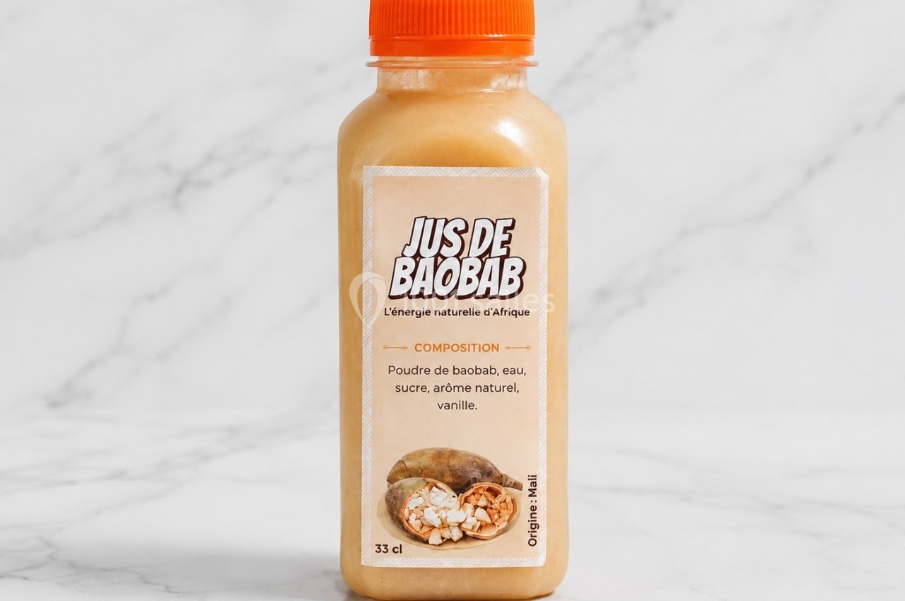Bouteille de jus de baobab avec étiquette indiquant les ingrédients et un visuel de fruit sur fond en marbre clair.